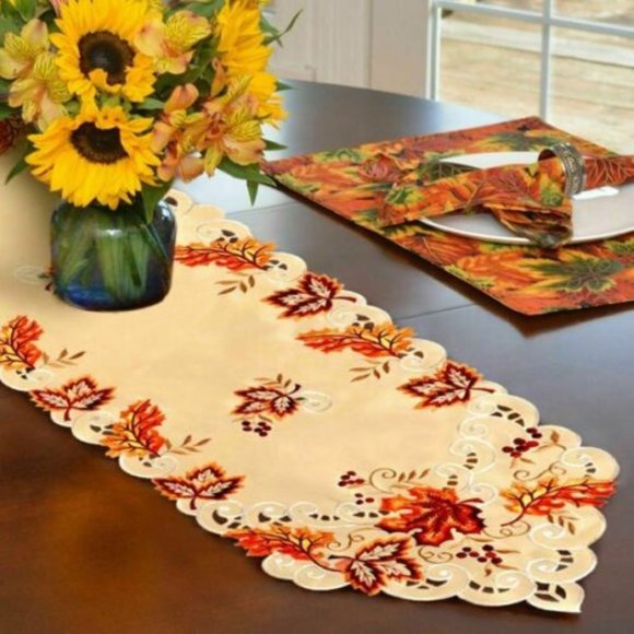 Coolmade Other - Embroidered Fall Maple Leaves Table Runner 67" Long